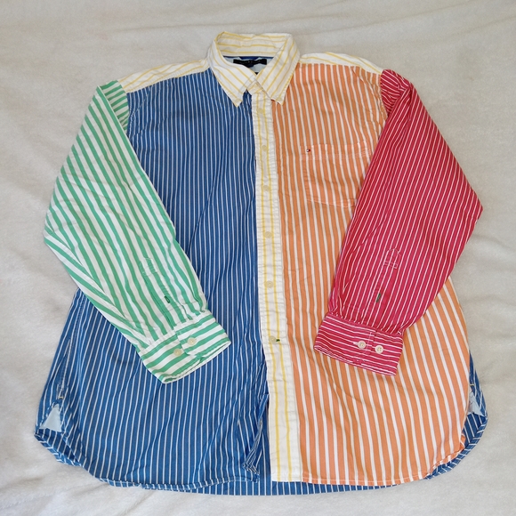 Tommy Hilfiger Mens XL Colorblock Stripe Button Up Shirt 2 Ply Cotton Y2K 90s - Picture 6 of 11